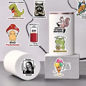 Sammlung humorvoller Aufkleber für Laptop und Koffer mit originellen Illustrationen