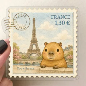 Détail d'un autocollant PET transparent avec un mignon capybara façon timbre de Paris.