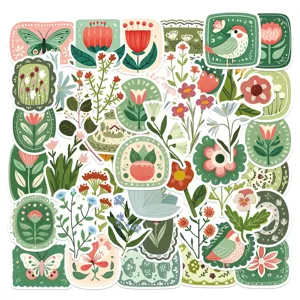 Vue détaillée de stickers floraux et botaniques style forêt vintage pour scrapbooking.
