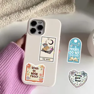 Detailed view of Bookish reading stickers featuring holographic star film on a phone case