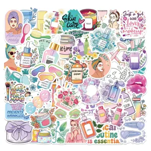 Detailed view of colorful cartoon skincare and makeup stickers for DIY decoration.