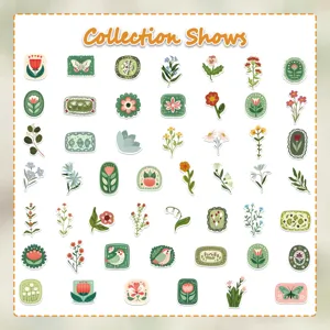 Présentation détaillée de 50 autocollants vintage aux motifs floraux et forestiers