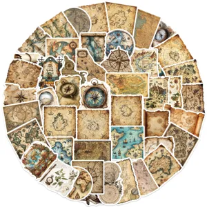 Collection of 50 vintage travel map stickers featuring nautical compasses and world maps