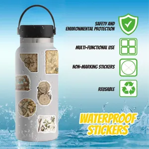 Vintage world map stickers on waterproof bottle showing non-marking and reusable features