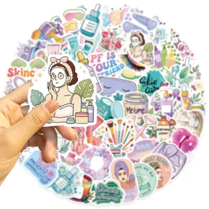 Close-up of a hand holding a cute skincare girl sticker from a 60-piece beauty elements set