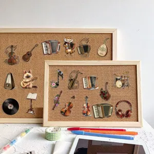 Detailed view of various vintage musical instrument PET stickers for creative decoration