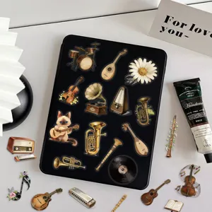 Macro view of vintage musical instrument PET stickers including violin and gramophone