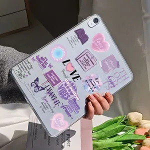 Detail view of purple inspirational PET stickers applied to a clear tablet case