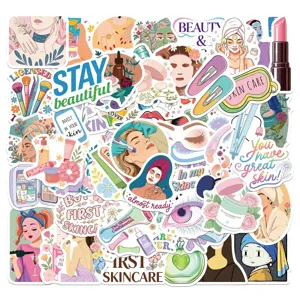 Set of colorful beauty and skincare stickers with aesthetic female illustrations.