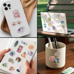 Collage of cartoon beauty and skincare stickers decorating a phone, laptop, and mug