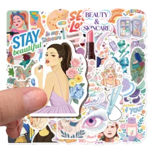 Close-up of a cartoon skincare and beauty aesthetic sticker set for DIY laptop decoration