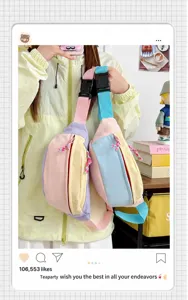 Close-up view of two cute pastel patchwork chest bags with durable plastic buckles