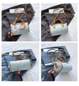 Detailed views of a stylish light blue Boston pillow bag with cute pink bow patterns and brown straps