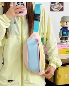 Lightweight multicolor pastel nylon crossbody chest bag shown in a Japanese lifestyle setting