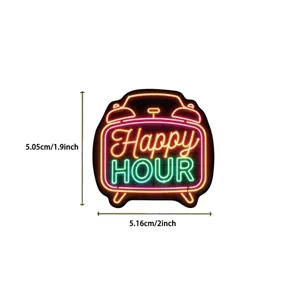 Detailed measurement view of neon alarm clock sticker with Happy Hour quote design