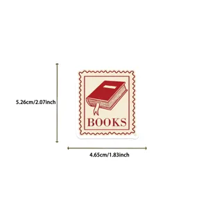 Close-up detail showing a 5.26cm by 4.65cm vintage postage stamp style book sticker