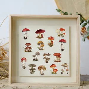 Set of vintage botanical mushroom stickers displayed in a wooden frame for journaling decor