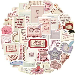 Collage of 50 vintage bookish themed stickers for journals and laptops, matte finish.