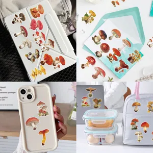Collage showing vintage mushroom stickers applied on tablet, phone, and stationery items.