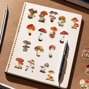 Vintage botanical mushroom PET stickers displayed on a white spiral notebook for DIY.