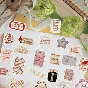 Collection of vintage bookish stickers for journals and laptops with retro library themes