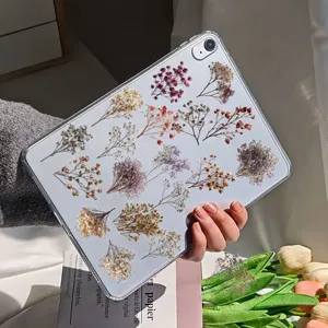 Macro shot of colorful dried Gypsophila stickers applied on a clear tablet case.