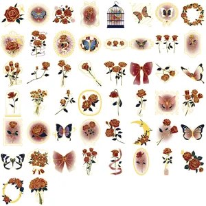 Collection of vintage dark red rose and butterfly stickers with gold foil details