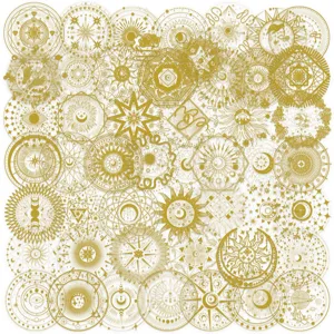 Detailed view of 50pcs gold-stamped PET stickers with celestial sun and moon motifs