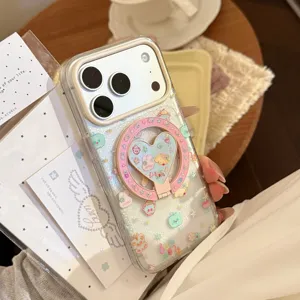 Gros plan d'une coque iPhone pailletée avec relief cartoon et support d'anneau magnétique cœur