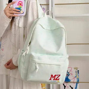 Sac à Dos Scolaire de Style Coréen Couleur Unie Broderie de Lettres Grande Capacité Sac à Dos pour École Campus Voyage Extérieur Unisexe en Nylon
