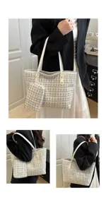 Verschillende weergaven van een elegante tweed draagtas voor dames met kleine tas.