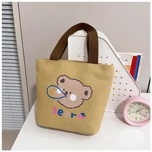 Bolso tote de lona caqui informal con un lindo estampado de oso y asas marrones