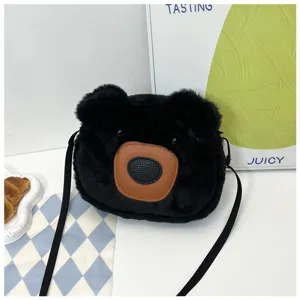 Cute black plush bear crossbody bag with soft faux fur texture and adjustable strap