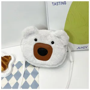 White plush bear-shaped crossbody bag with soft furry texture and cute animal design