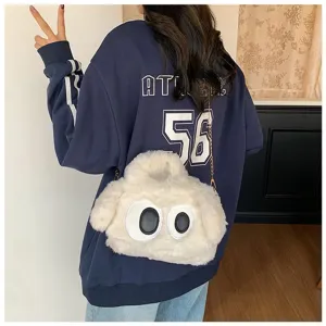Bolso bandolera lindo de felpa blanca con ojos grandes de dibujos animados para mujer