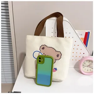 Pequeño bolso tote de lona con un lindo estampado de oso y asas de tela marrones