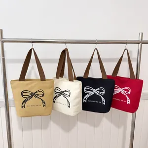 Bolso Tote de Lona de Gran Capacidad para Mujer Estampado de Lazo y Oso Minimalista Bolso de Mano Casual Regalo