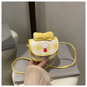Mini bolso bandolera de cuadros amarillos con lindo estampado de perro y lazo