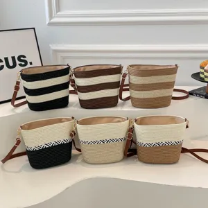 Bolso de Paja Tejido a Mano para Mujer Estilo Cubo Patchwork Rayado Bolso de Hombro Vacaciones Bolso de Playa Verano