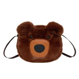 Cute plush bear crossbody bag for girls with soft brown fur and adjustable strap