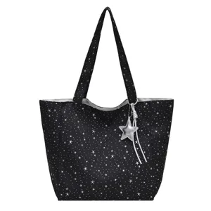 Large capacity black tote bag featuring white star print and silver star pendant