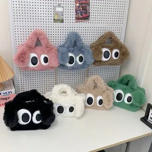 Lindo Bolso de Mano de Peluche con Ojos Grandes de Dibujos Animados para Mujer Bolso Bandolera de Piel Sintética Suave para Estudiantes Otoño Invierno con Cadena Dorada
