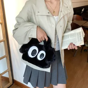 Bonito bolso bandolera de felpa negra con grandes ojos de dibujos animados para mujer