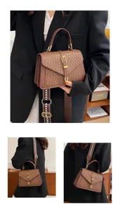 Elegante bolso de mano cuadrado marrón tejido con correa de hombro bordada ancha y chic