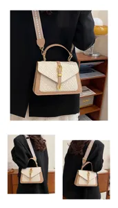 Vista detallada del elegante bolso bandolera con textura trenzada en beige y marrón