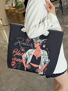 Bolso tote de moda con estampado de niña negra y correas de hombro de cuerda blanca