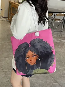 Vista detallada del bolso tote rosa con ilustración elegante y asa de cuerda
