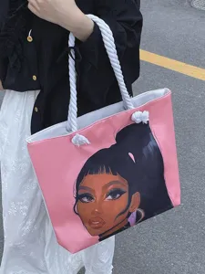 Bolso tote de lona rosa con ilustración de chica negra y asas de cuerda blancas