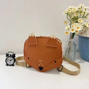 Adorable brown fox-shaped children's backpack shown with daisy flowers and clock.