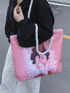 Bolso rosa con estampado de chica negra y asas de cuerda gruesa para el hombro.